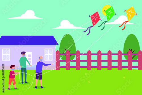Three generations family in new normal vector concept: Three generations family playing kites together in the backyard while wearing face mask
