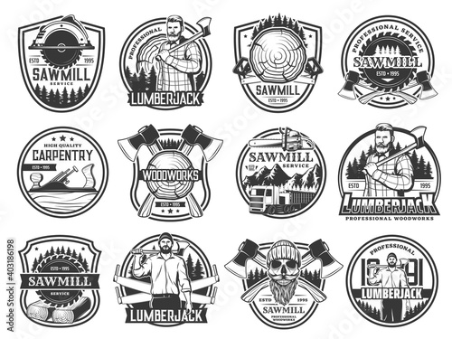 Lumberjack  lumbering and logging wood forestry  vector skull in hat icons. Lumberjack logger woodwork and sawmill service emblems with woodcutter crossed axes  saw logging trucks and joiner plane