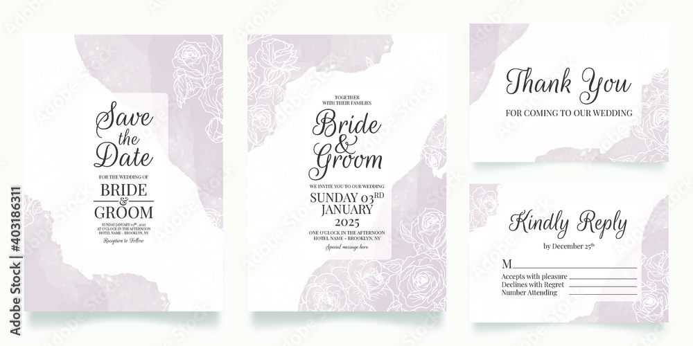 Wedding invitation card template set with watercolor background