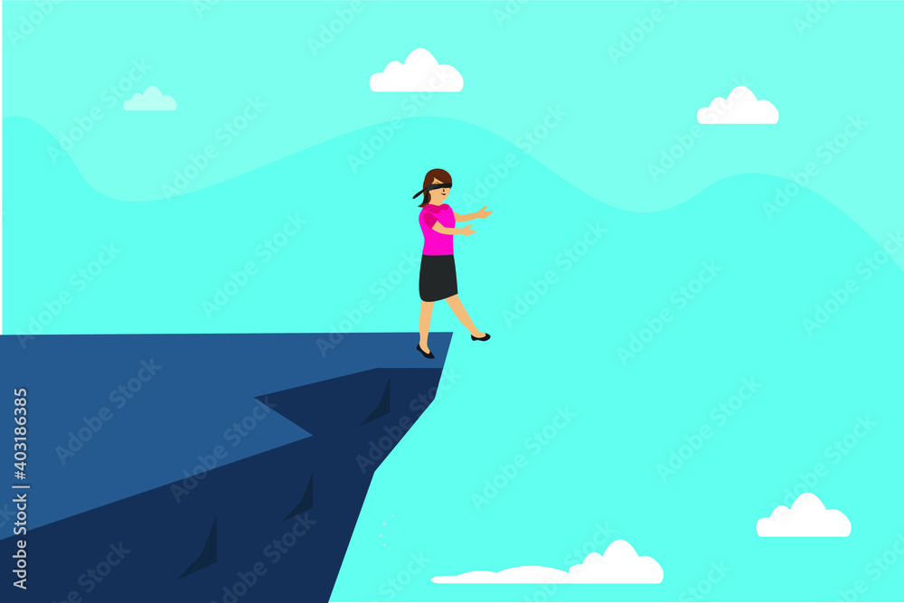 Blindfold businesswoman walking to the cliff. Business risk and challenge vector concept.