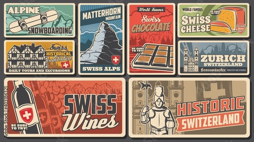 Swiss famous landmarks vector wine, cheese, farvecht houses architecture and chocolate, snowboarding alpine rides and Switzerland travel to matterhorn mountain. Swiss culture and history banners set