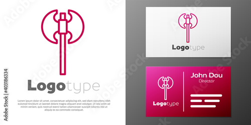 Logotype line Medieval axe icon isolated on white background. Battle axe, executioner axe. Medieval weapon. Logo design template element. Vector.