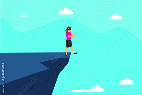 Blindfold businesswoman walking to the cliff. Business risk and challenge vector concept.