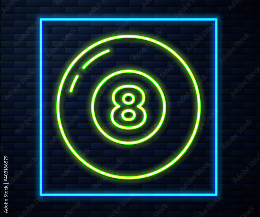 Glowing neon line Billiard pool snooker ball icon isolated on brick wall background. Vector. Glowing neon line Billiard pool snooker ball icon isolated on brick wall background. Vector.
