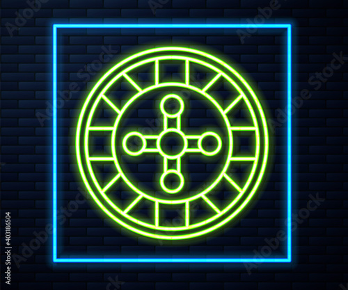Glowing neon line Casino roulette wheel icon isolated on brick wall background. Vector.