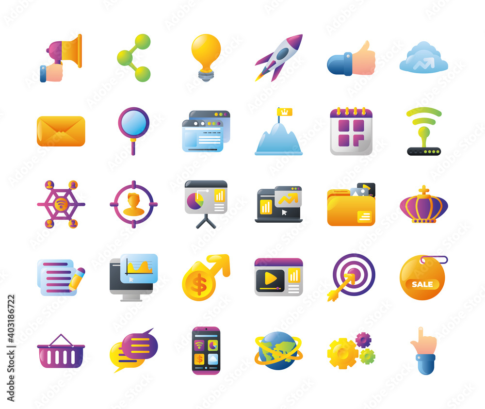 digital marketing icons set, seo analytics business strategy promotion digital marketing icons set, seo analytics business strategy promotion