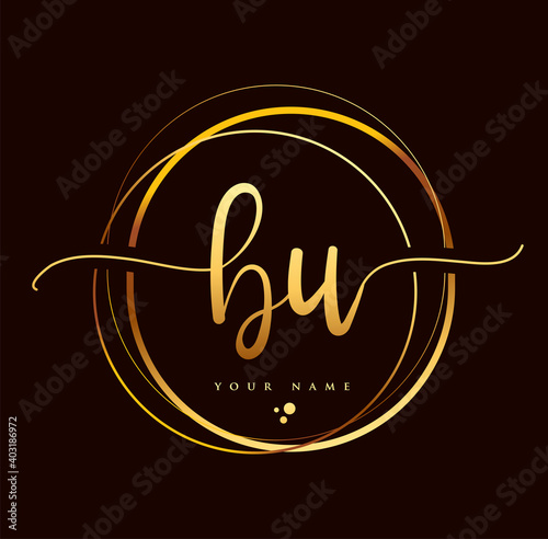 BU Initial handwriting logo golden color. Hand lettering Initials logo branding, Feminine and luxury logo design isolated on black background.