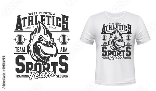 Cardinal bird t-shirt print mockup, sport team and athletics club department vector emblem. West Virginia sport training session, cardinal bird symbol for varsity team league t shirt print