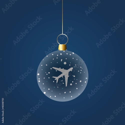 Christmas ball with a plane and snowflakes inside