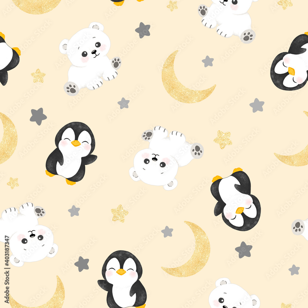 pattern for baby blanket cute animal penguin polar bear stars and moon with golden texture