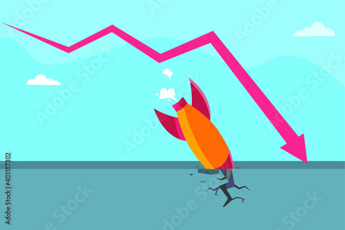 Falling startup rocket and financial business graph. Business fail vector concept