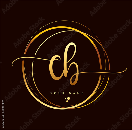 CB Initial handwriting logo golden color. Hand lettering Initials logo branding, Feminine and luxury logo design isolated on black background.