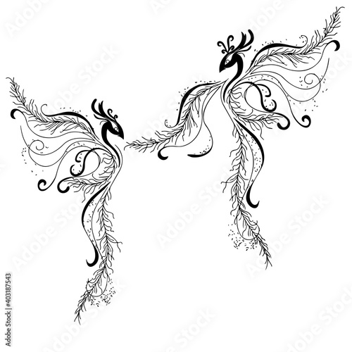 Fantastic firebird close-up. Decorative background, tattoo or seamless design. Artistic material for printing on paper, leather or fabric.