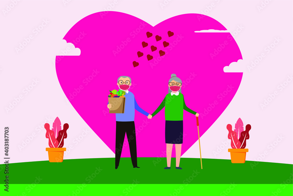 Valentine day vector concept: Senior couple celebrating valentine day while wearing face mask together Valentine day vector concept: Senior couple celebrating valentine day while wearing face mask together