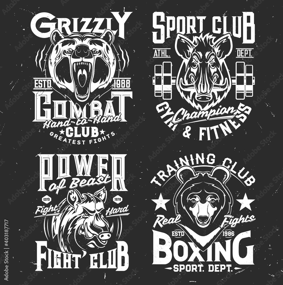 Tshirt prints with wild bear and boar, vector mascots for sport and fighting club. Apparel uniform design with wild predators. T shirt activewear template, monochrome print, badge with pig and grizzly