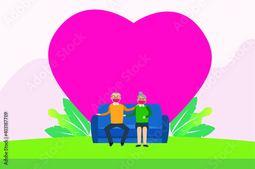Valentine day vector concept  Senior couple sitting together on the sofa while enjoying valentine day together