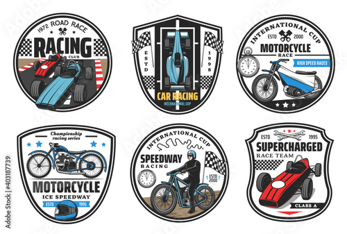 Racing sport icons, motocross and cars races club badges, championship vector icons. Speedway motorcycle racing and motor sport cars rally international cup tournament, wheels and finish flag