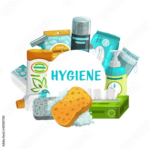 Hygiene and body care products vector round frame. Shaving foam, razor blade and sponge with foam and and liquid soap. Toilet supplies wet and dry wipes, shampoo, pumice hygiene stuff cartoon poster