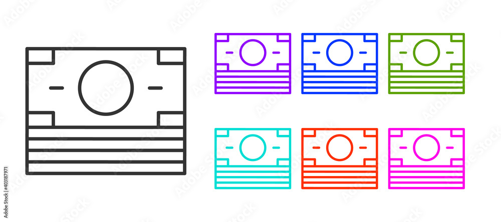 Fototapeta premium Black line Stacks paper money cash icon isolated on white background. Money banknotes stacks. Bill currency. Set icons colorful. Vector.