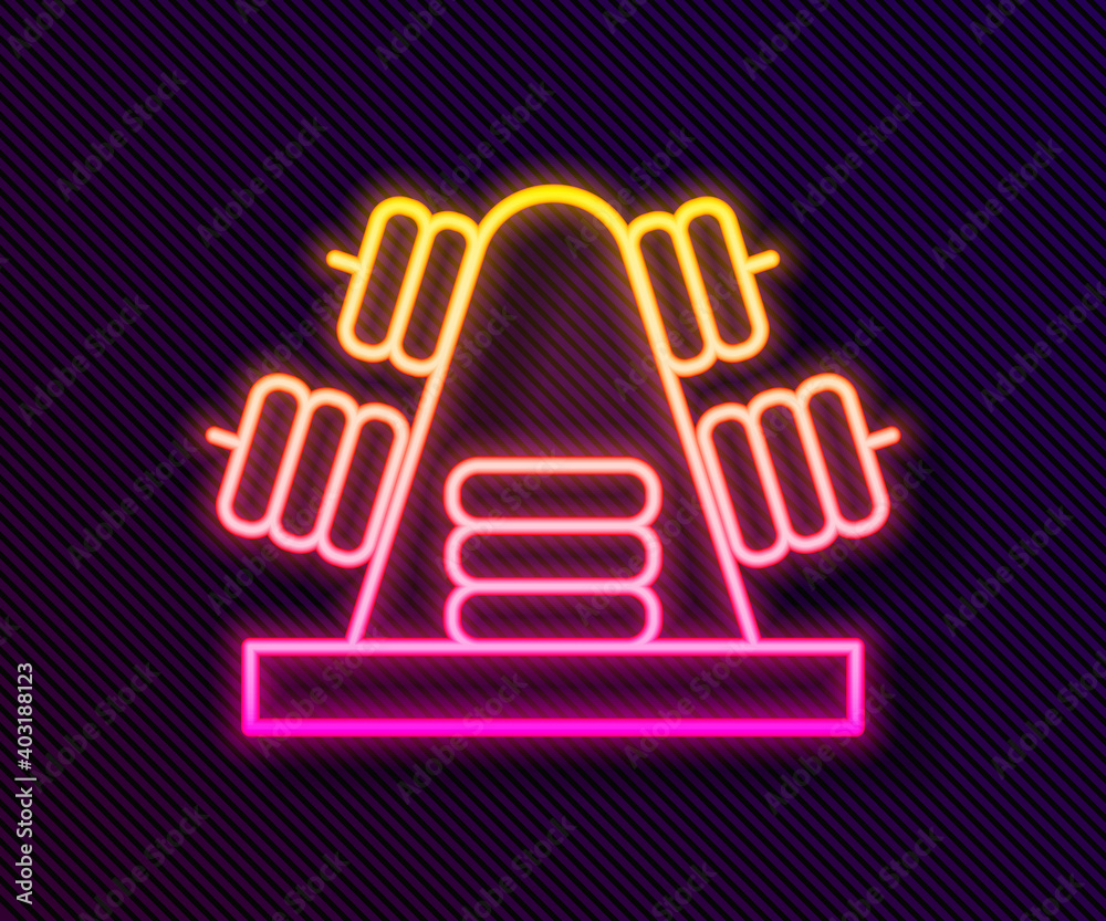 Glowing neon line Metal rack with additional weights for barbell icon isolated on black background. Bodybuilding, fitness, sport, healthy lifestyle concept. Vector. Glowing neon line Metal rack with additional weights for barbell icon isolated on black background. Bodybuilding, fitness, sport, healthy lifestyle concept. Vector.