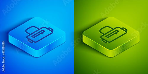 Isometric line Sport bag icon isolated on blue and green background. Square button. Vector.