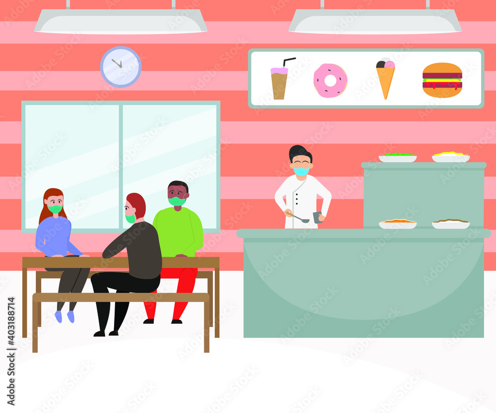 New normal vector concept: Group of people eating in the restaurant while wearing face mask in new normal New normal vector concept: Group of people eating in the restaurant while wearing face mask in new normal