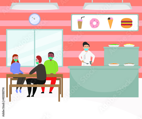 New normal vector concept: Group of people eating in the restaurant while wearing face mask in new normal
