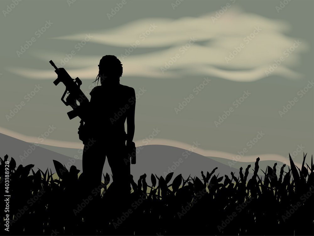 Girl with weapons in her hands. Sky, mountains, trees. Colorful vector image. Girl with weapons in her hands. Sky, mountains, trees. Colorful vector image.