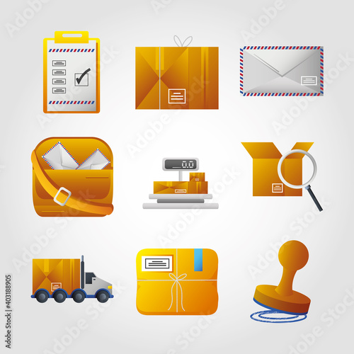 postal service icons set clipboard mail envelope bag truck and package
