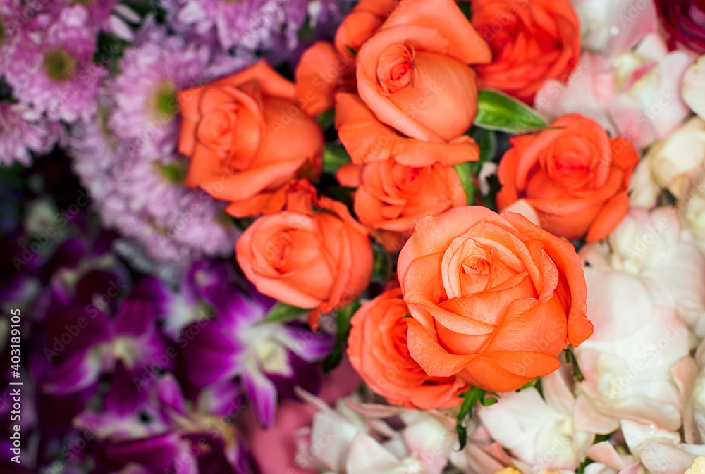 Close-up of a mixed bouquet of roses,summer flowers background.