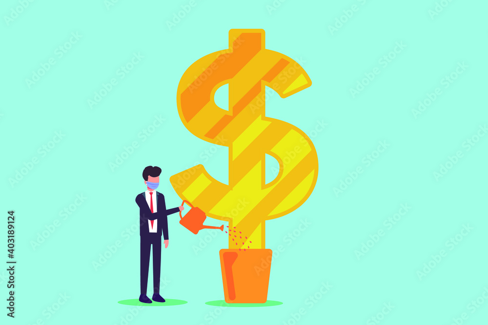 Investment concept. Businessman in face mask watering money tree Investment concept. Businessman in face mask watering money tree