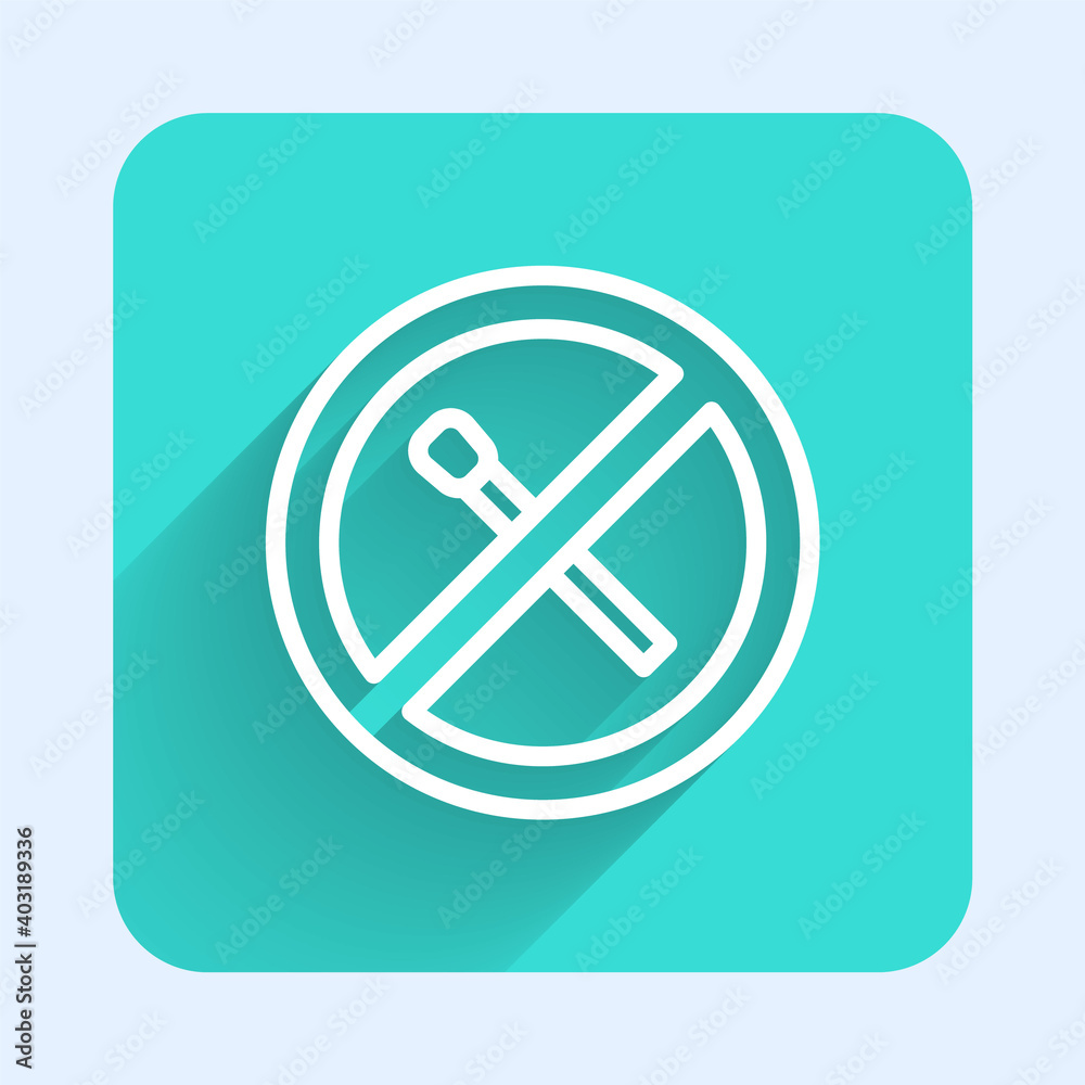 White line No fire match icon isolated with long shadow. No open flame. Burning match crossed in circle. Green square button. Vector. White line No fire match icon isolated with long shadow. No open flame. Burning match crossed in circle. Green square button. Vector.