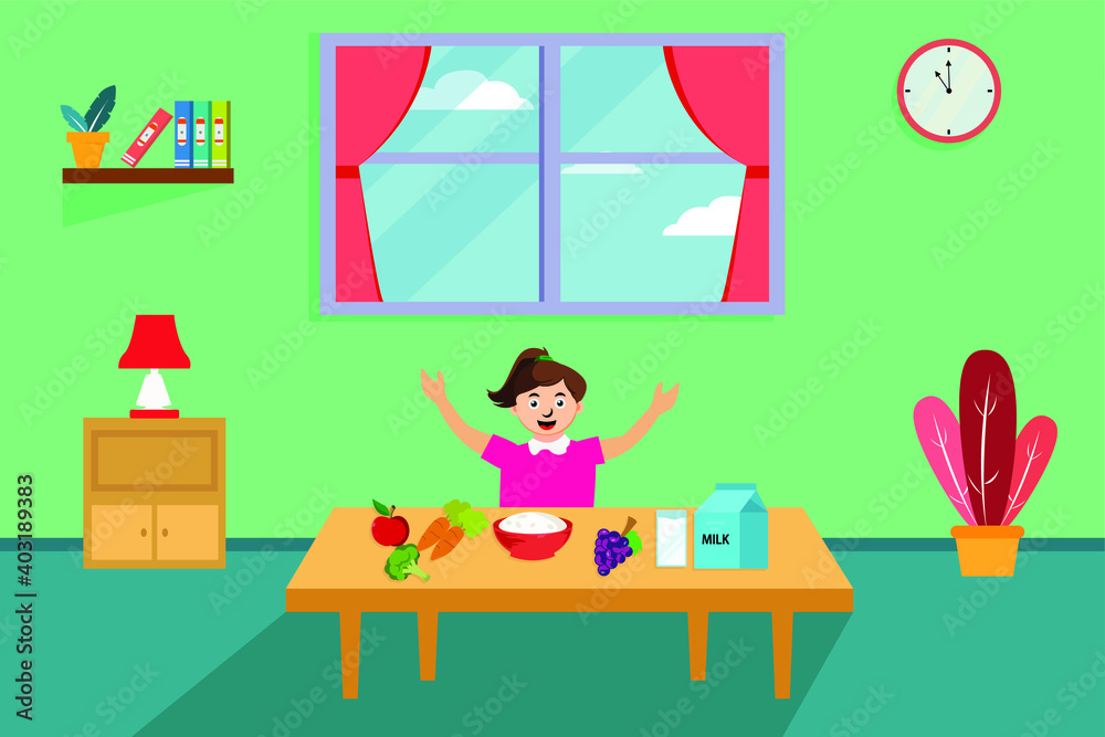 Diet vector concept: Young woman preparing healthy food at home while sitting with fruits and vegetables