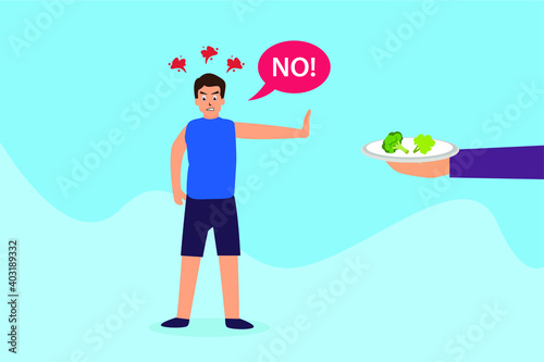 Diet vector concept: Young man saying no to healthy food on the plate 