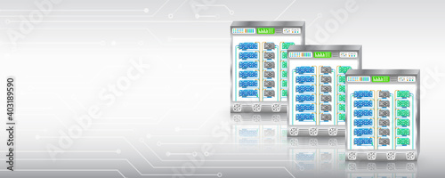 Cryptocurrency mining equipment. Blockchain system white vector illustration. Abstract mining concept. Web banner of digital currency. Video card server farm.