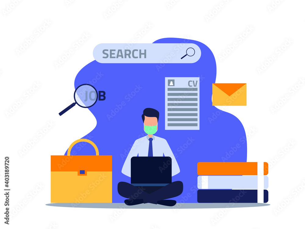 Job search vector concept. Businessman in face mask looking for new vacancies on website page with laptop computer Job search vector concept. Businessman in face mask looking for new vacancies on website page with laptop computer