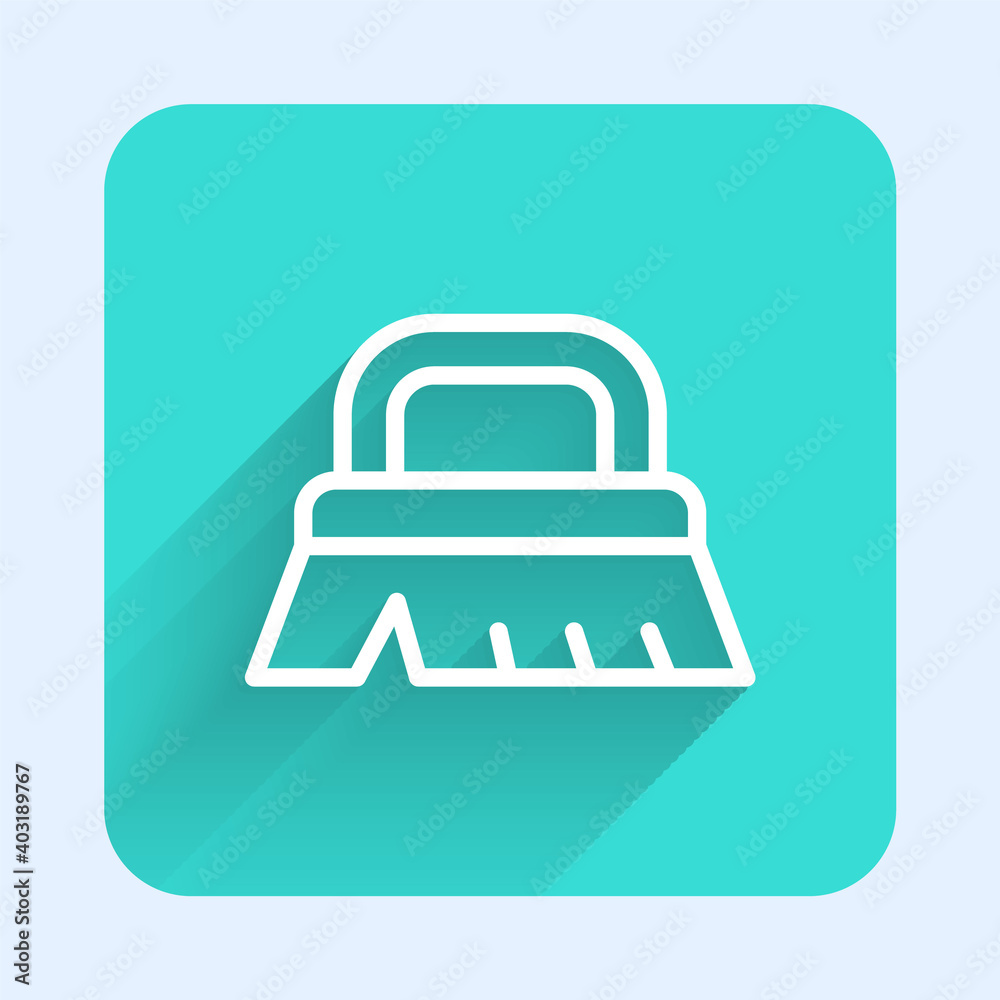 White line Brush for cleaning icon isolated with long shadow. Green square button. Vector. White line Brush for cleaning icon isolated with long shadow. Green square button. Vector.