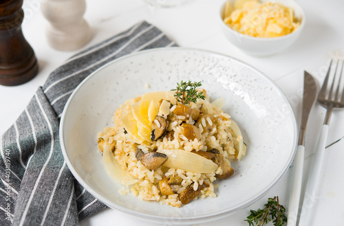 Risotto with porcini mushrooms and parmesan on a light background