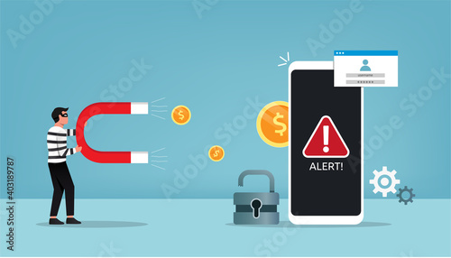 Hacking concept with warning sign. Hacker is holding big magnet pull money coin from smartphone vector illustration.