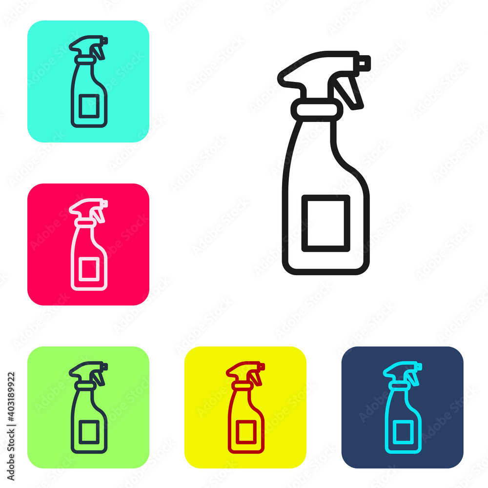 Black line Cleaning spray bottle with detergent liquid icon isolated on white background. Set icons in color square buttons. Vector. Black line Cleaning spray bottle with detergent liquid icon isolated on white background. Set icons in color square buttons. Vector.