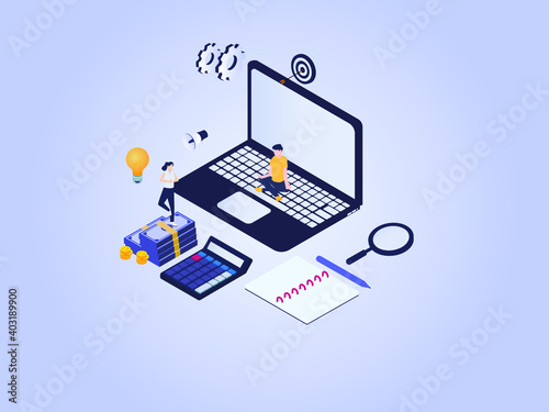 Financial management isometric vector concept. Man and woman meditating on money and laptop with calculator, notebook, magnifying, light bulb, and gears.
