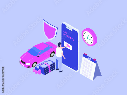Internet security isometric vector concept. Man opens locked laptop screen by pressing padlock button