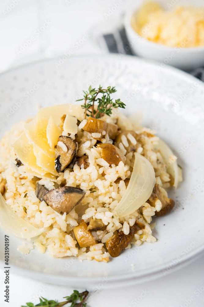Risotto with porcini mushrooms and parmesan on a light background, selective focus Risotto with porcini mushrooms and parmesan on a light background, selective focus