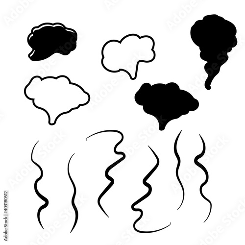 Steam, cloud and smoke icons. Hand drawn doodle smoke, clouds and fog