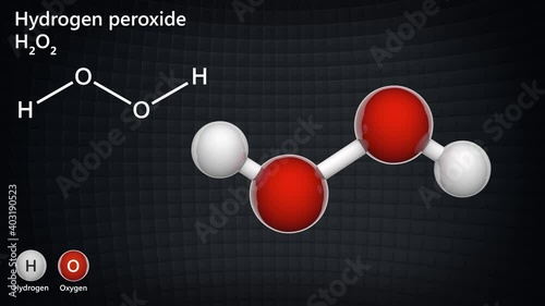 Structural chemical formula and molecular structure of hydrogen peroxide(H2O2). 3D render. Seamless loop. Ball and Stick chemical structure model. photo