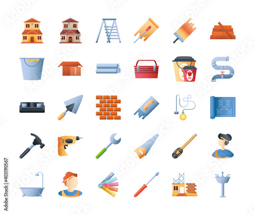 home remodeling icons set ladder brush roller paint color bucket tools saw hammer and more