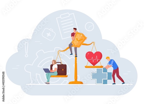 Health and work conflict of interest, imbalance comparison. Measurement equality people healthcare and job, business stress and healthy life on weighing scale to find work balance vector illustration
