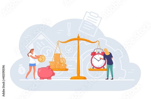 Scale weighing money saving, wealth and time balance. People weighing time and money coin stack to find balance, compare financial profit value, investment income and tense vector illustration