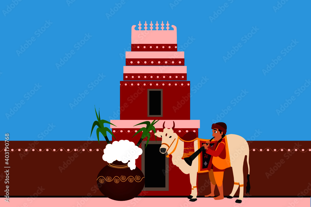 illustration of Happy Pongal background with cute, cartoon, indian  traditional temple with pongal pot sugar canes indian ox with village boy  with trumpet vector. Stock Vector | Adobe Stock