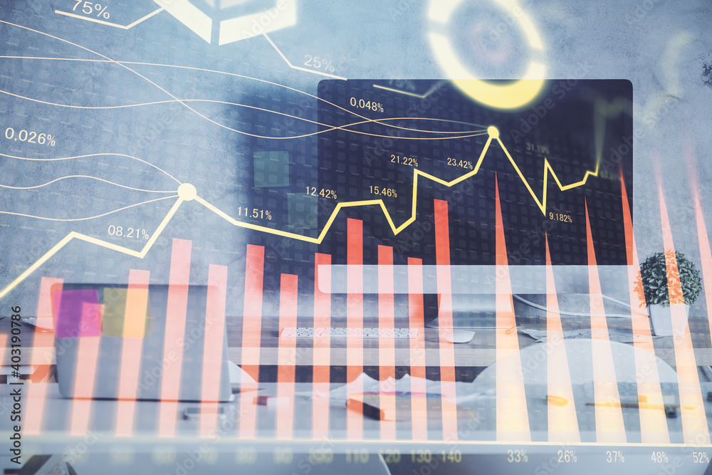 Multi exposure of financial graph drawing and office interior background. Concept of market analysis.